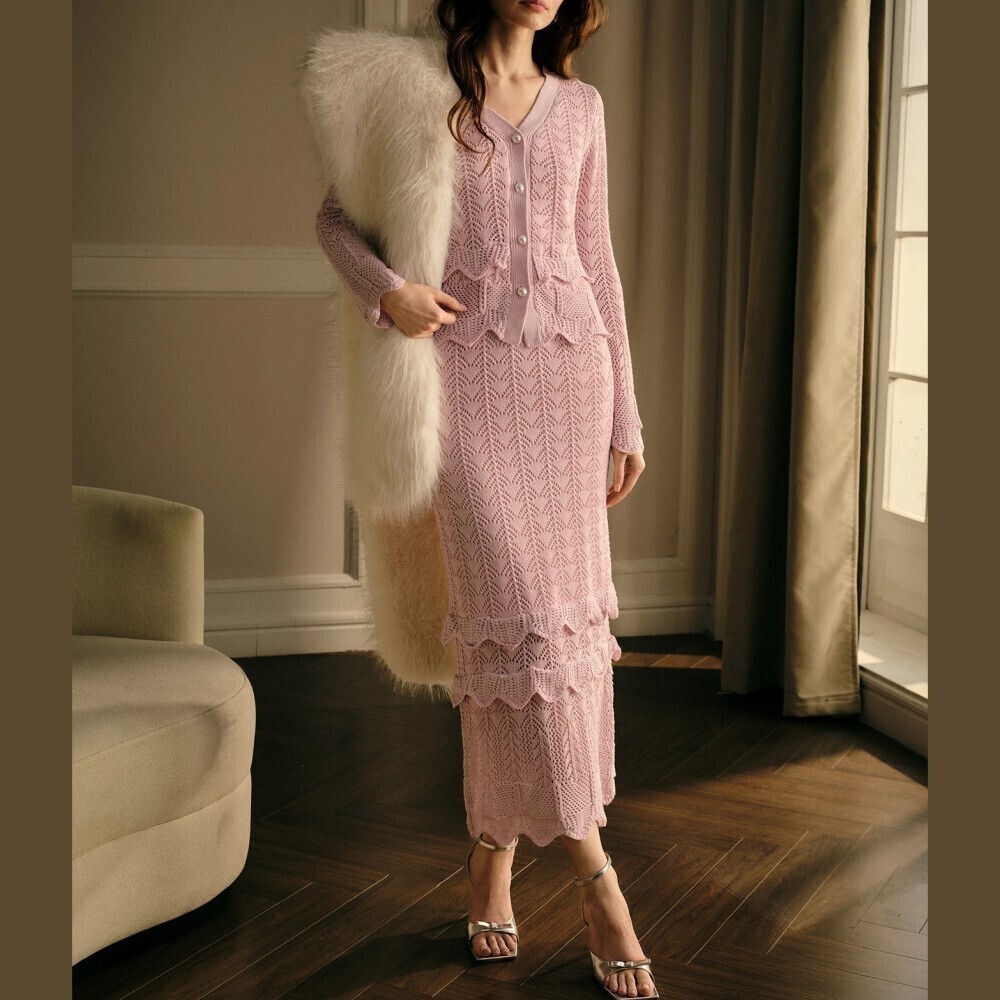 Pink Crochet Knit Scalloped Cardigan and Maxi Skirt Set